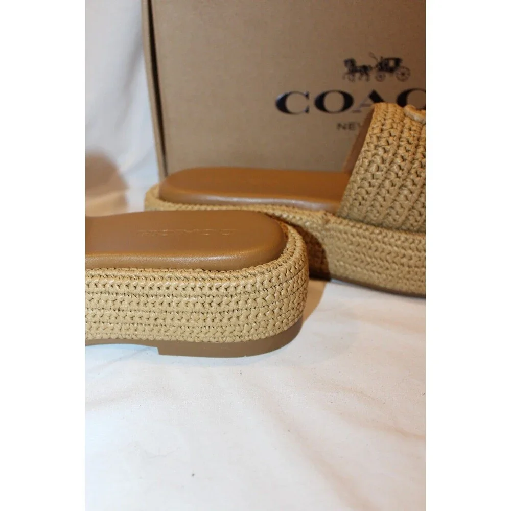 COACH Women's Sculpted C Raffia Platform Slides Sandals Natural NEW SZ 8